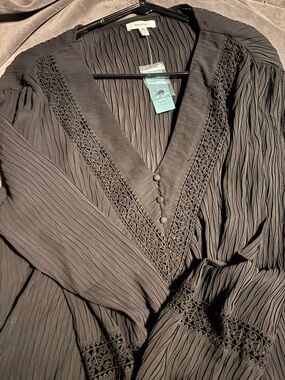 Maurices Black Pleated V-Neck Blouse with Crochet Trim